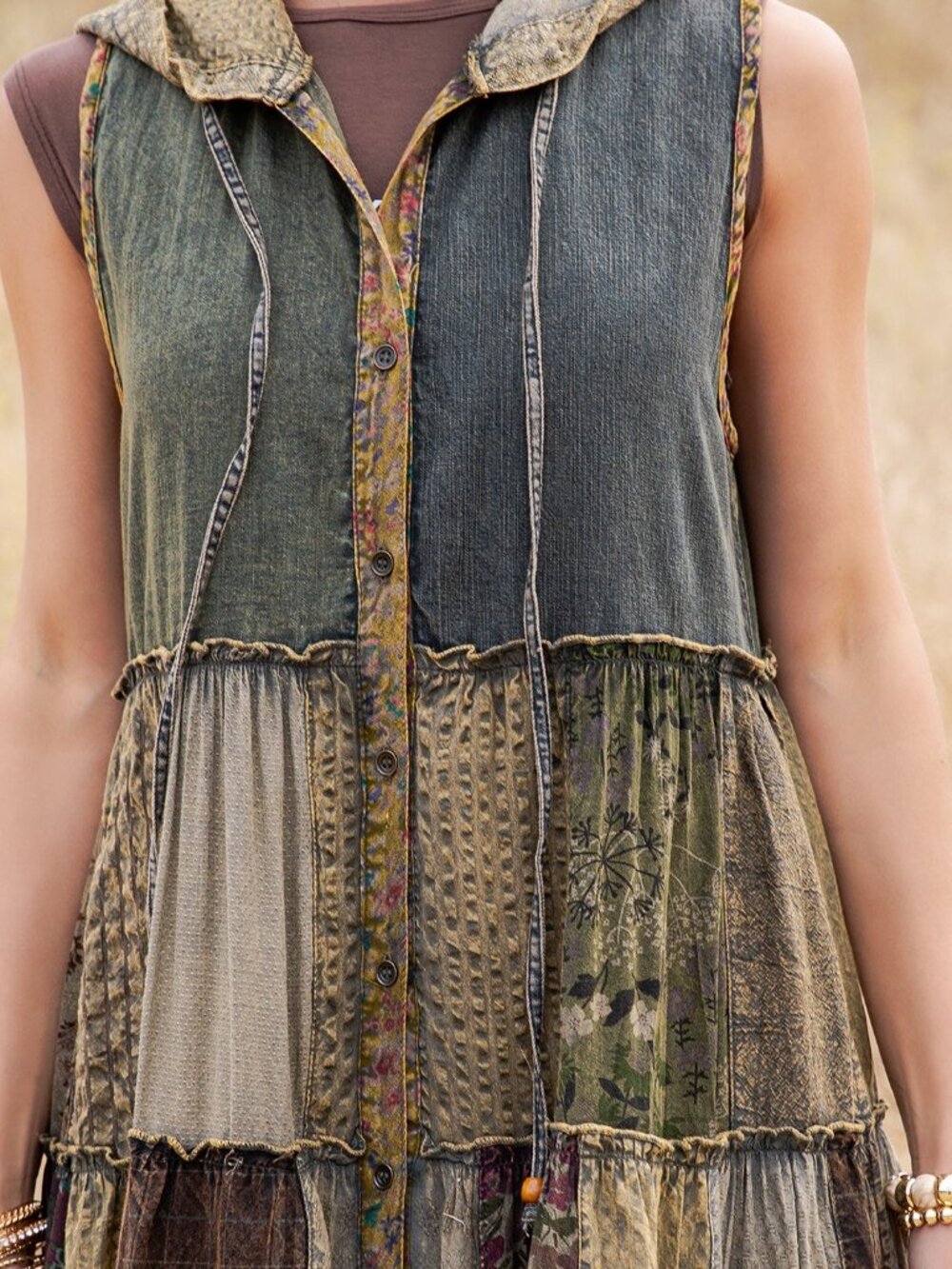Boho Patchwork Tiered Button-Front Maxi Dress / Duster-GRAVEL(NEW COLOR) - Picture 3 of 6